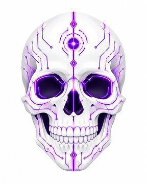 Nowoczesna czaszka cyberpunk na Halloween, neonowe fioletowe wzory i obwody technologiczne, ilustracja flat design