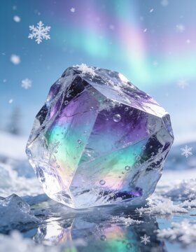 オーロラを映す虹色の氷の多面体と雪の結晶