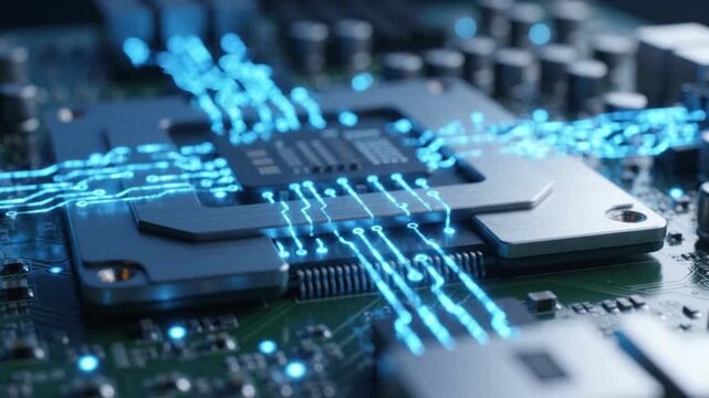 Glowing microprocessor circuit board animation showing digital data transmission and high technology processing power across complex electronic components within modern computer hardware architecture 