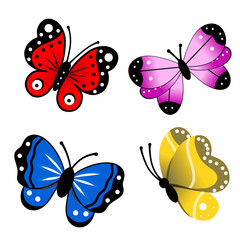 Colorful Cartoon Butterfly Illustration Set. Red Blue Purple and Yellow Butterfly Collection. Vibrant Butterfly Clipart with Black Outlines © Ivnkristia