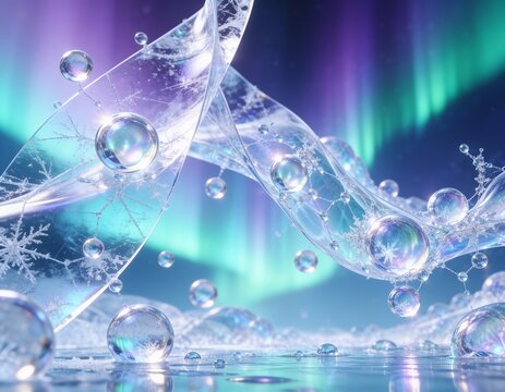 オーロラの下に浮かぶ透明な帯と虹色の球の美容背景