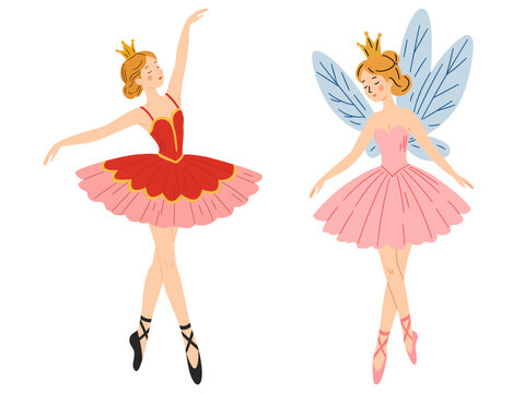 Vector hand drawn illustration of two cartoon ballerinas with golden crowns dancing ballet. One in a red and pink tutu, the other as a fairy with wings and a pink dress. Isolated on white background