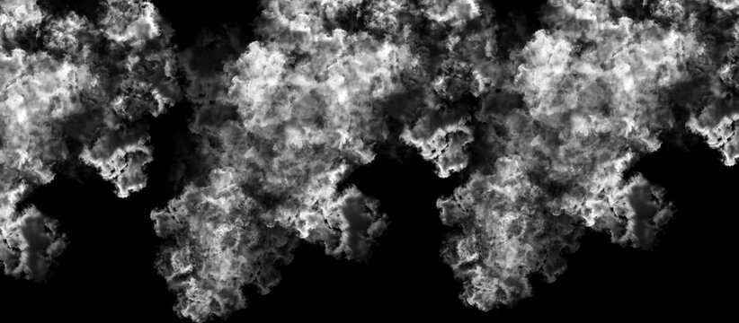 Panoramic white smoke horizontal border on black background for atmospheric framing and lower thirds.