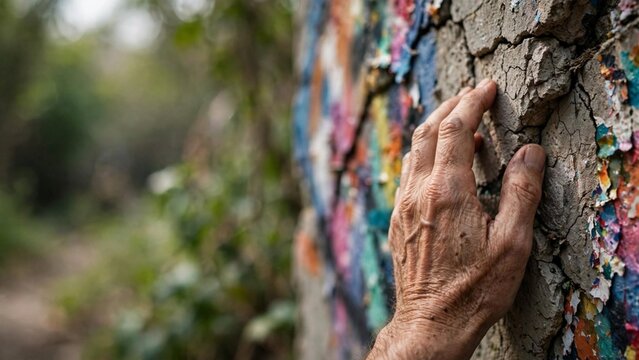 Senior hand touching a textured stone wall with peeling colorful paint layers
