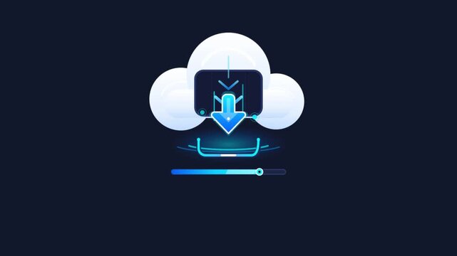 Conceptual cloud computing technology animation showing data download process with a glowing blue arrow and progress bar on a dark background for software or web application interfaces.