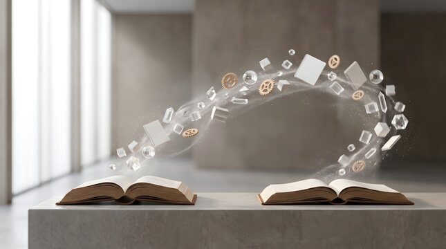 Open books emitting floating geometric shapes and gears