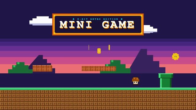 Retro 8-Bit Style Video Game Platformer Interface with Pixel Art Sunset Background Featuring Floating Coins Bricks and Green Pipe for Classic Arcade Gaming Concept and Nostalgia