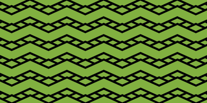 Colorful geometric seamless pattern, symmetric endless background with intertwine green lines. Abstract vertical concept splicing covering.