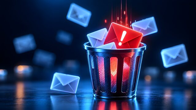 Red spam warning email icon in an overflowing trash can representing junk mail filtering phishing alert and inbox data management concept