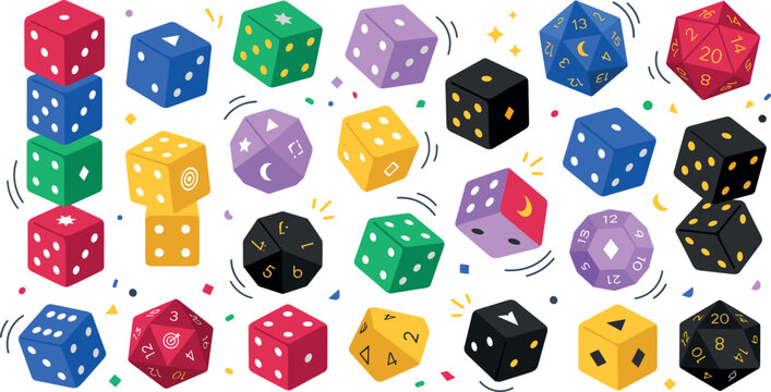 PrintColorful polyhedral and standard dice vector set for tabletop roleplaying games fantasy gaming boardgames websites and graphic design elements