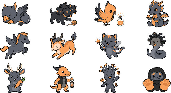 Cute mythical creatures and fantasy monsters cartoon character collection featuring baby dragon griffin cerberus pegasus medusa and tree spirit vector illustration