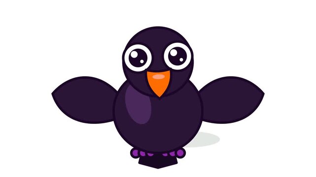 Cute cartoon black bird with big eyes and orange beak.