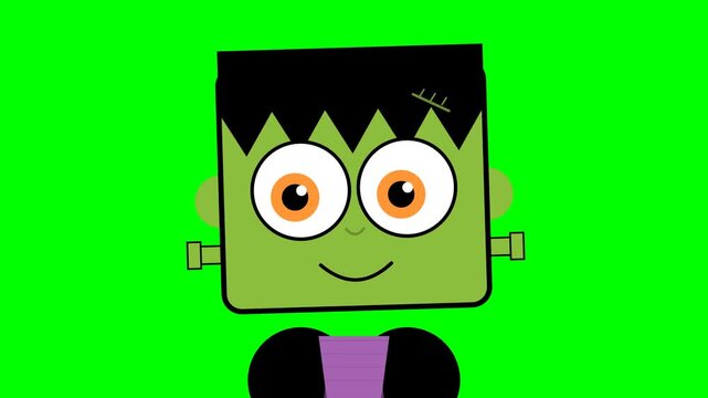 Cute cartoon Frankenstein monster character with green skin and bolts.