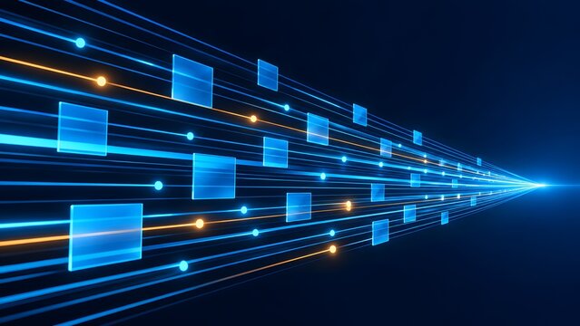 Abstract digital data stream with glowing blue lines and square particles illustrating high speed internet connection and futuristic network technology