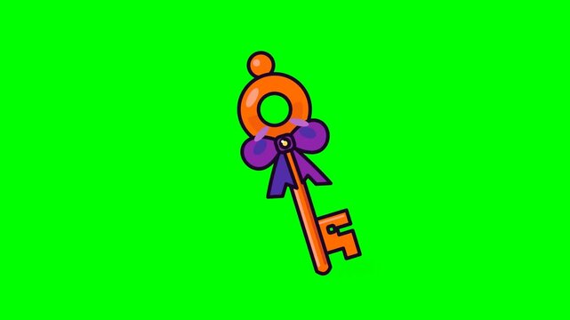 Animated cartoon key with purple bow on green screen background.