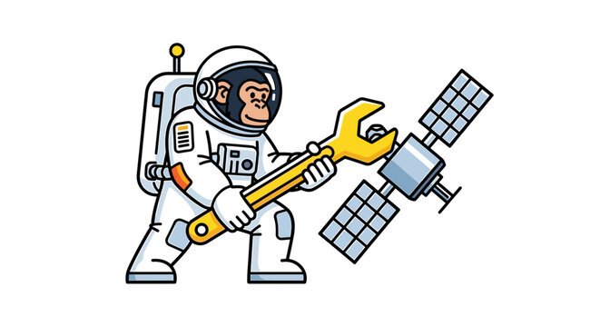 Astronaut monkey repairing a satellite with a wrench.