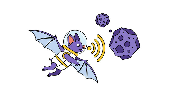 Bat wearing an astronaut helmet in space near asteroids.