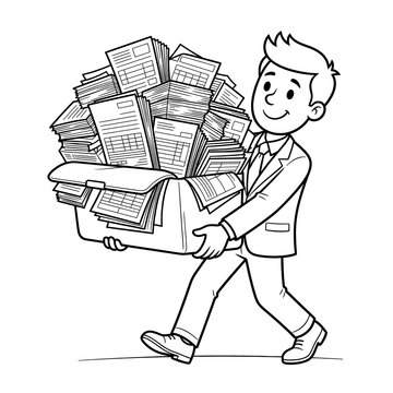 Businessman carrying heavy box of paperwork
