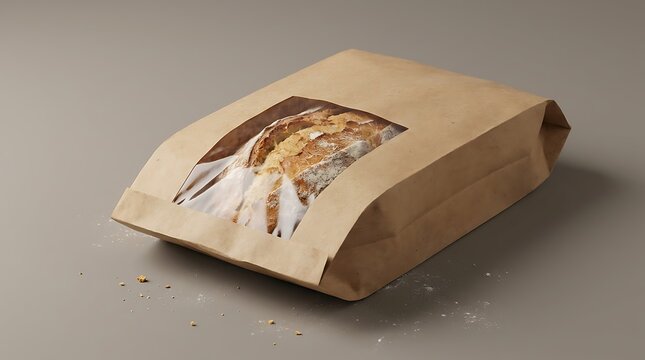 Fresh crusty artisan bread inside a brown paper bag with a clear window. bread bag ideas