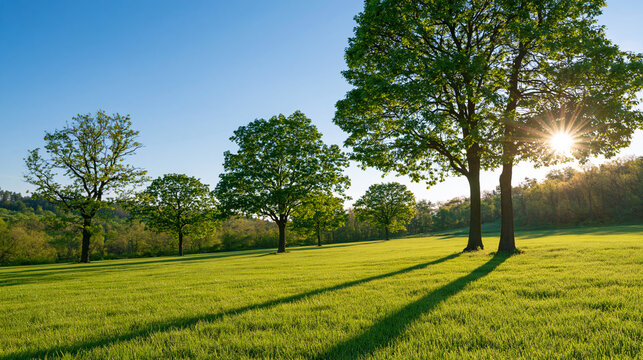 Green grassy field with trees and sun shining