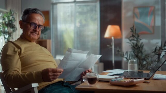 Senior man compares two household bills with a worried expression, showing financial stress, rising living costs and concern about inflation at home.