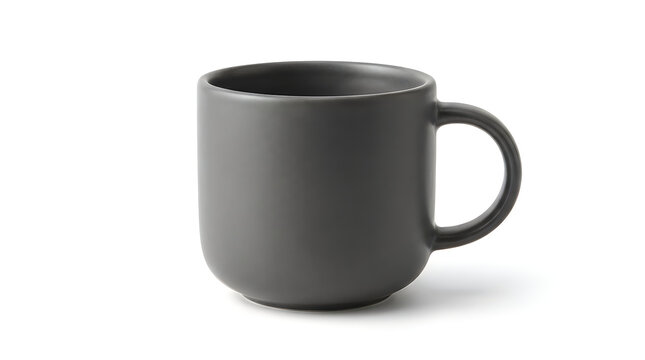 A minimalist matte dark grey ceramic coffee mug isolated on a white background, perfect for clean product design and lifestyle advertisement