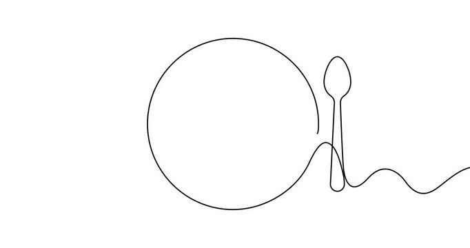 One continuous line of plate, spoon and fork animation. continuous one line drawing of a dining set for restaurant. 4K video