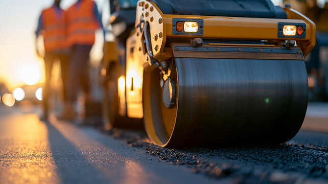 Heavy asphalt roller machine and faceless civil engineering project managers paving a new highway at sunset, infrastructure development, urban civil engineering and industrial