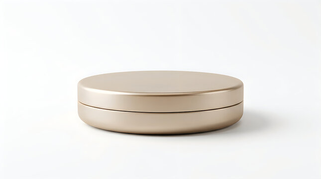 A sleek, circular gold cosmetic compact container sits on a clean white background, ideal for showcasing luxury beauty products and skincare branding