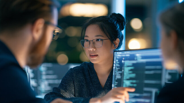 Faceless Asian female developer presenting code on a screen and discussing it with a team while working late in a tech office at night, two software developers meeting to plan a