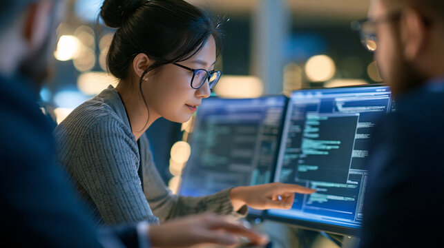 Faceless Asian female developer presenting code on a screen and discussing it with a team while working late in a tech office at night, two software developers meeting to plan a