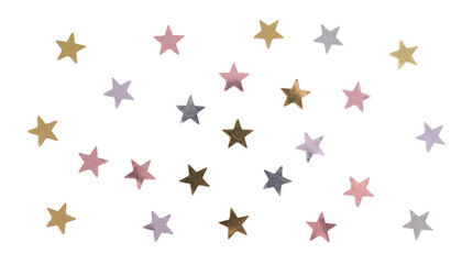 Obraz na płótnie Canvas Scattered metallic foil star stickers on a transparent background