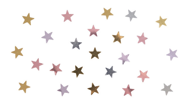 Scattered metallic foil star stickers on a transparent background