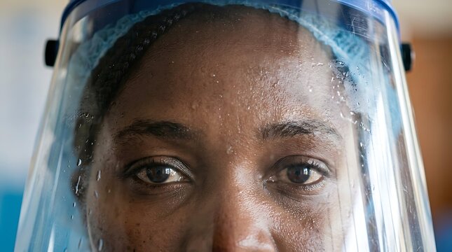 Close up of an exhausted healthcare worker face wearing protective shield with sweat, portrait of an exhausted healthcare worker during a long shift, eyes of an exhausted healthcare worker.