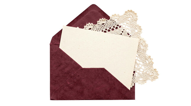 Open burgundy paper envelope with blank card and crochet lace on a transparent background