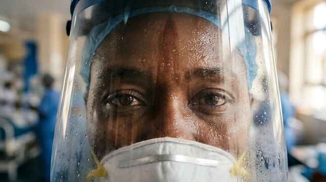 An exhausted healthcare worker in protective gear with sweat on face, showing the tired eyes of an exhausted healthcare worker in a busy hospital, a dedicated exhausted healthcare worker.
