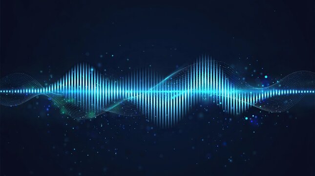 Abstract blue sound wave equalizer digital graphic glowing against a dark background with scattered light particles representing music technology