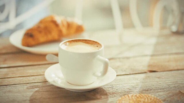 Quiet cafe still life a cappuccino in a white cup on a saucer, sunlight across a textured wooden table, gentle camera drift, a calm backdrop for a coffee break in the middle of a busy workday