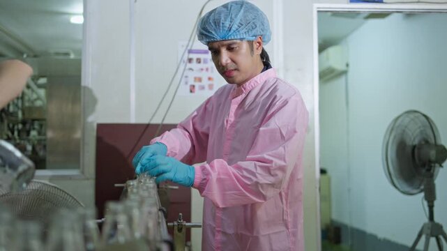 Factory technician in protective clothing and gloves inspects beverage bottles during a hygienic packaging and production process inside an industrial bottling facility.