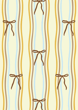 bow pattern, seamless pattern, striped pattern, pastel background, ribbon bow, cute pattern, beige background, yellow stripes, brown bows, cream background, repeating pattern, geometric stripes, verti