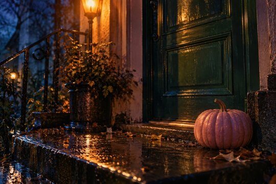 Rain-wet doorstep at night with a pale pink pumpkin beside a green door and a fallen paper star
