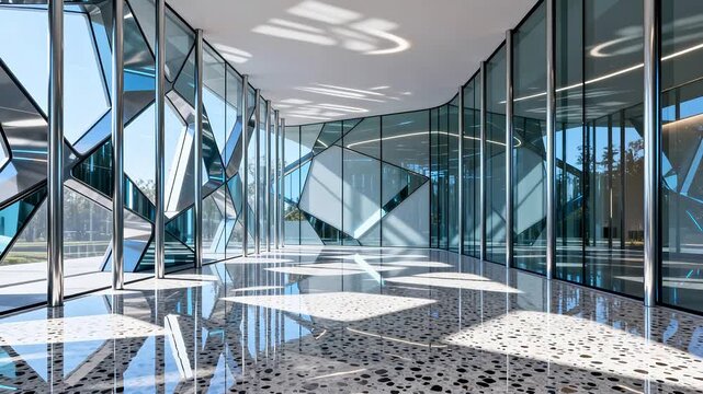 Modern interior space with geometric glass walls metal pillars and patterned floor