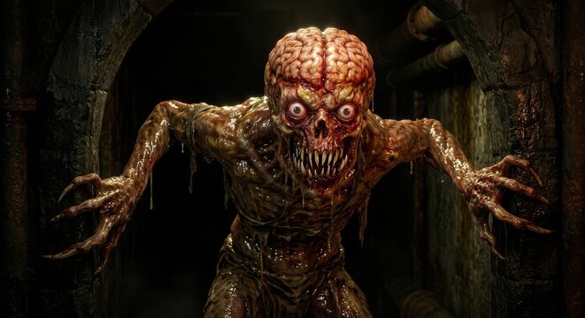Exposed brain creature lunges from a decaying tunnel with outstretched claws
