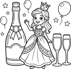 Charming princess celebrating with champagne and balloons black and white line art illustration © julfa