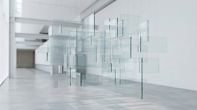 Abstract glass sculpture installation in a modern art gallery with a minimalist aesthetic
