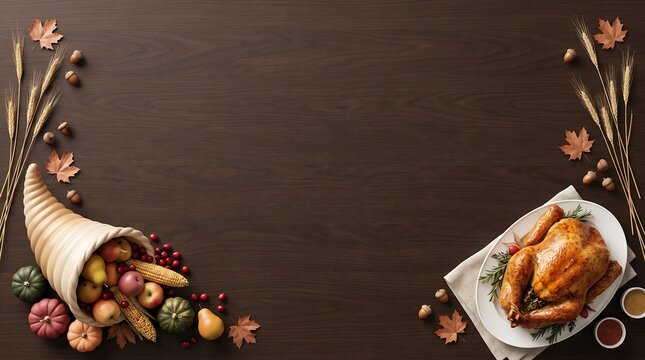 Thanksgiving dinner background with roasted turkey cornucopia and autumn leaves on a dark brown wooden table surface