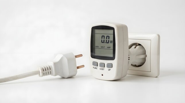 A digital electricity usage monitor plugged into a wall outlet next to a power plug with socket unplugged electrical