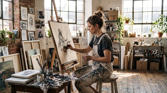 Artist creating charcoal sketch in a sunlit studio filled with artwork and supplies