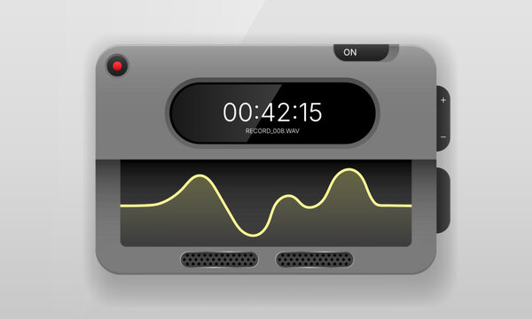 Digital voice recorder device UI mockup with audio waveform display screen