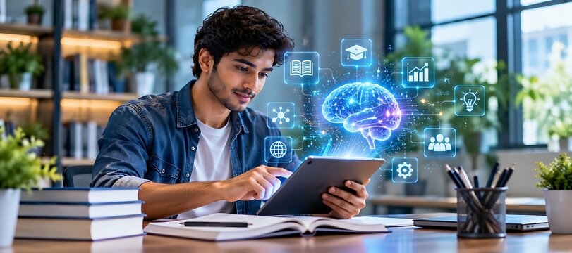 Young student using tablet for artificial intelligence and online learning in library environment.